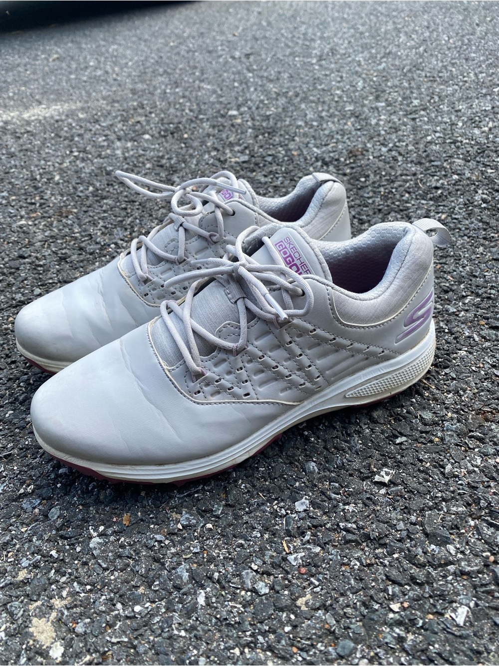 Skechers white sneakers with light purple accents